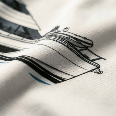 Close-up of the dye-sublimated boat sketch printed into the shirt fabric — Waterline